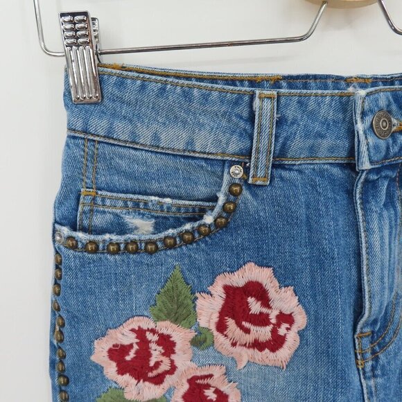 Free People Wild Rose 24 Emrboidered Floral Studded Raw Hem Denim Jean Skirt - Picture 2 of 10